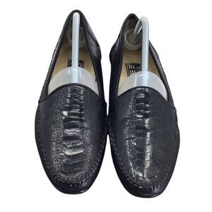 Ennesi Shoes Men's Sz 9 Black Genuine Ostrich Leather Loafers Casual Slip On